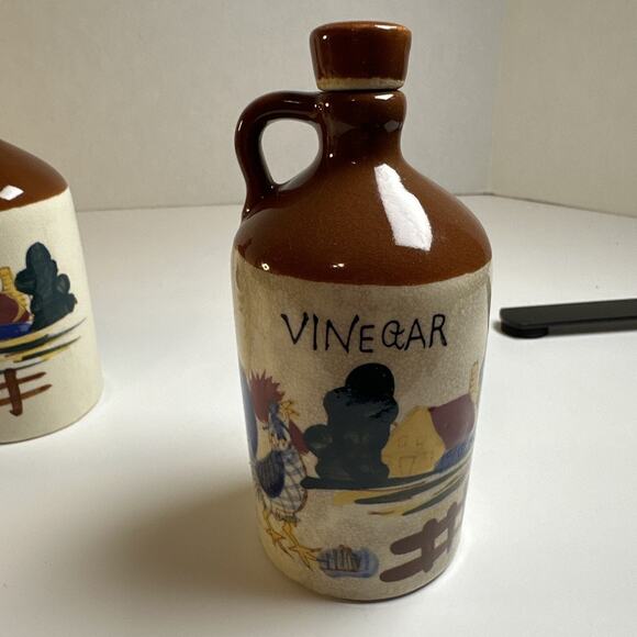 Vintage Relco Japan Vinegar/Oil Cruets Salt Pepper Hand painted Roosters/Barns - Picture 6 of 8
